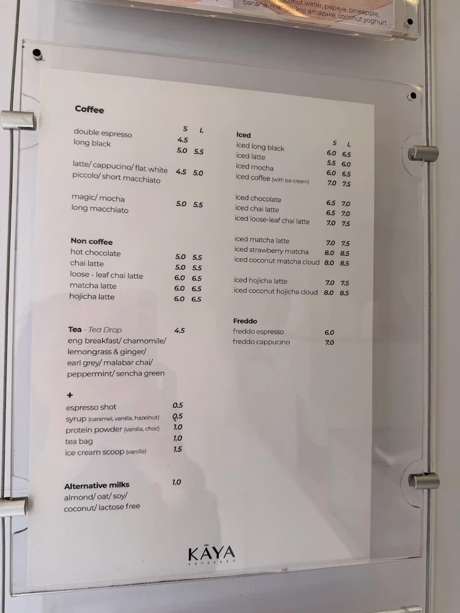 Menu, KĀYA Espresso Bar