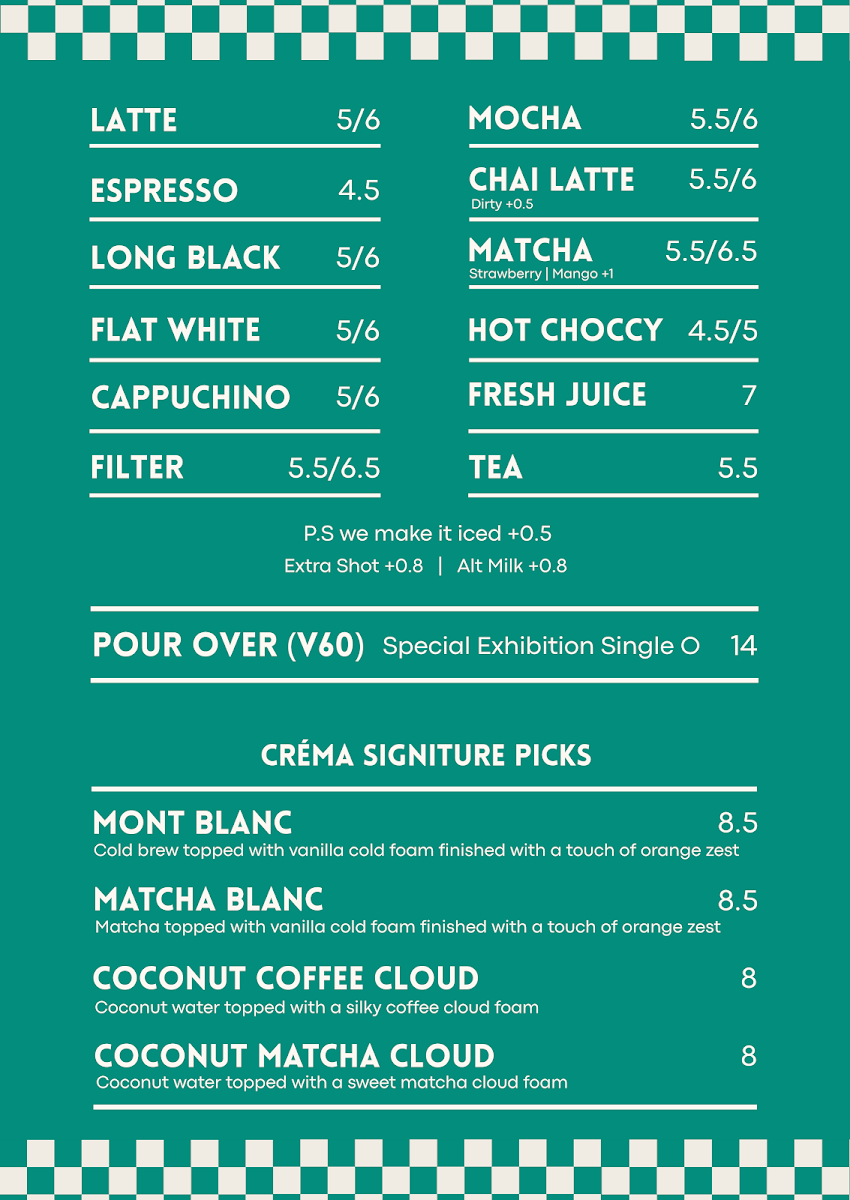 Menu, Créma Lane Coffee