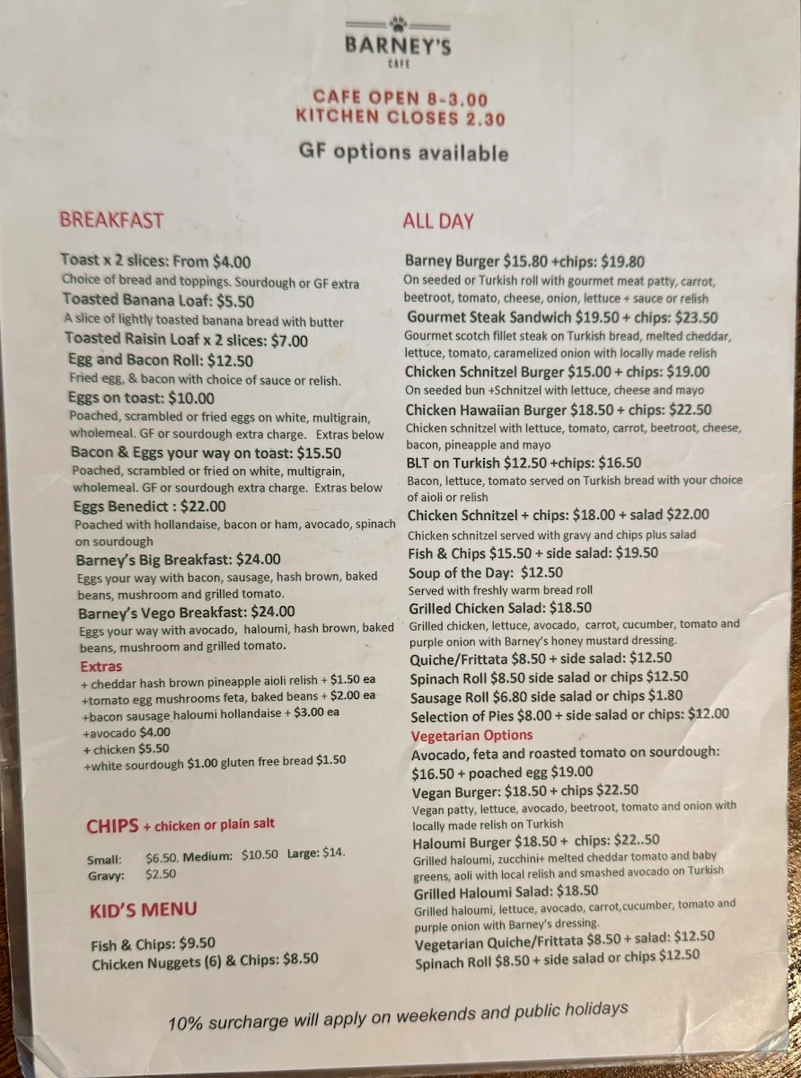 Menu, Barney's Cafe, Bookham