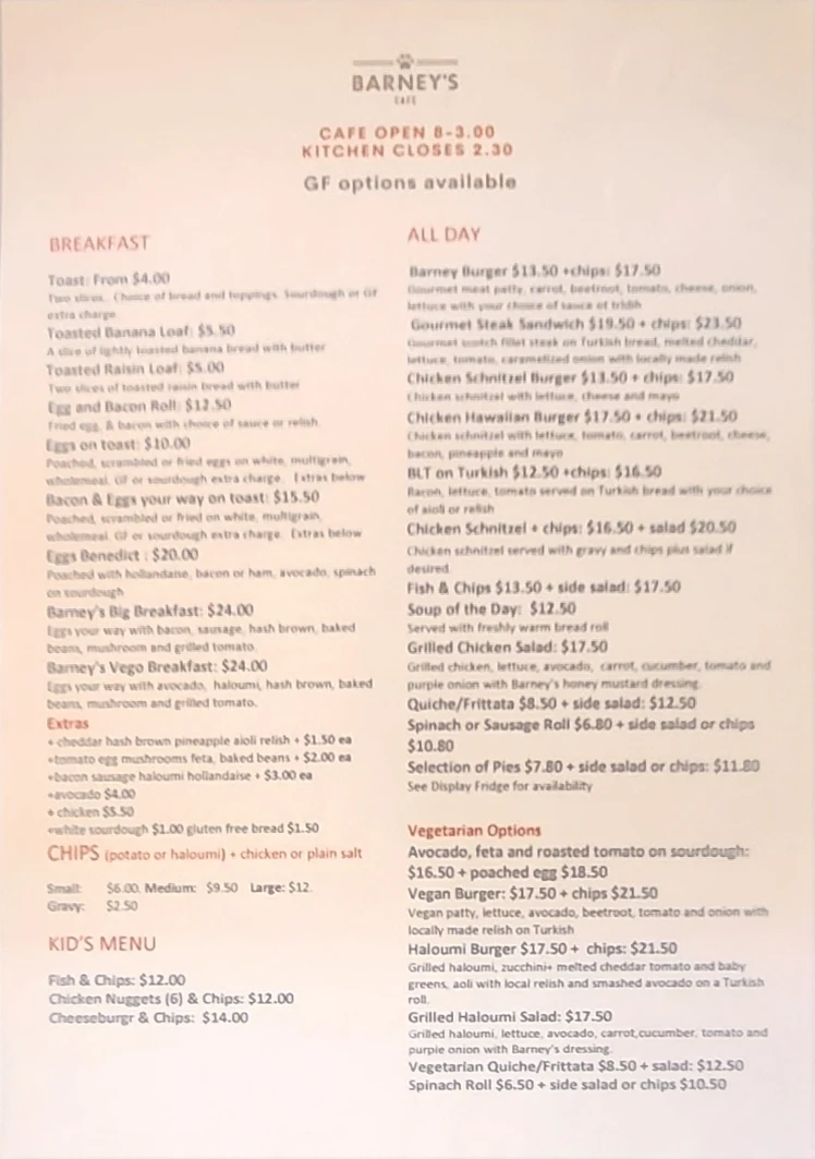 Menu, Barney's Cafe, Bookham