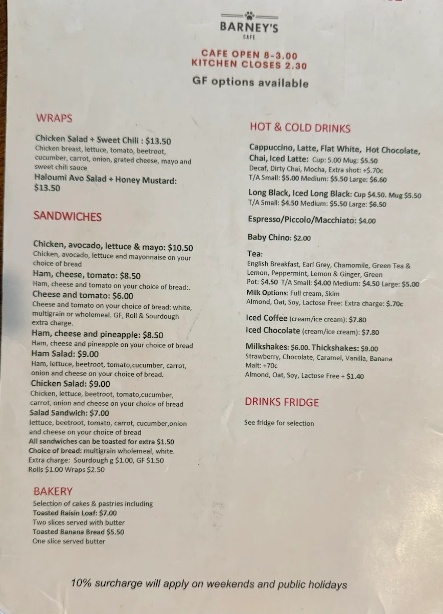 Menu, Barney's Cafe, Bookham