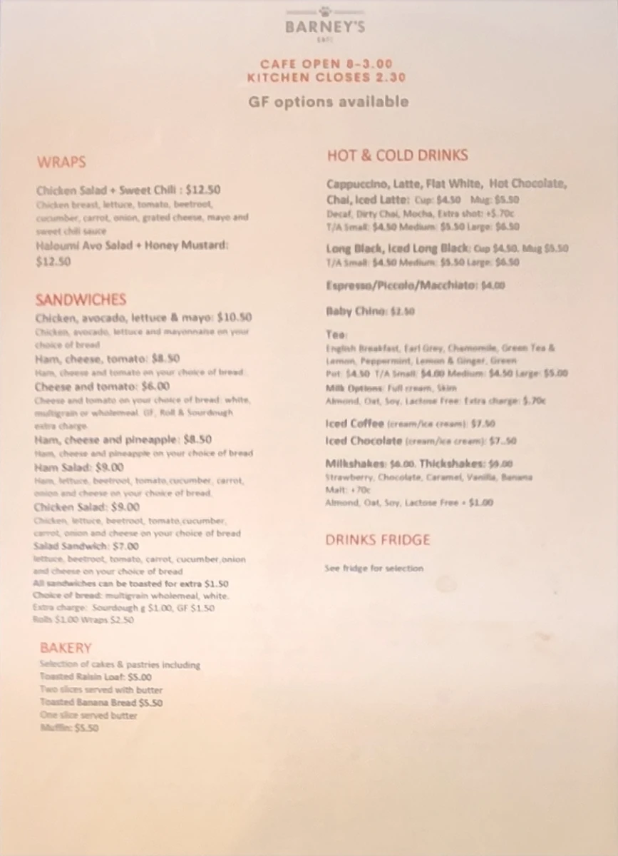 Menu, Barney's Cafe, Bookham