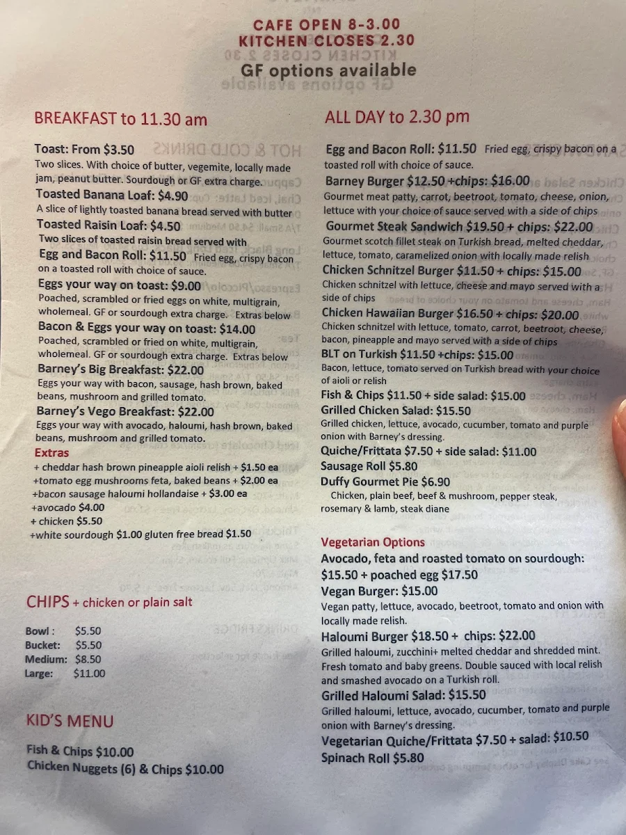 Menu, Barney's Cafe, Bookham