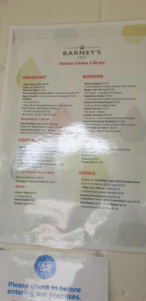 Menu, Barney's Cafe, Bookham