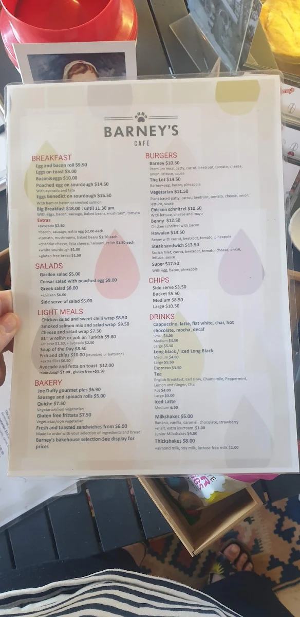 Menu, Barney's Cafe, Bookham