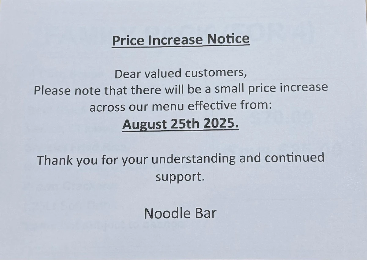 Menu, Noodle Bar