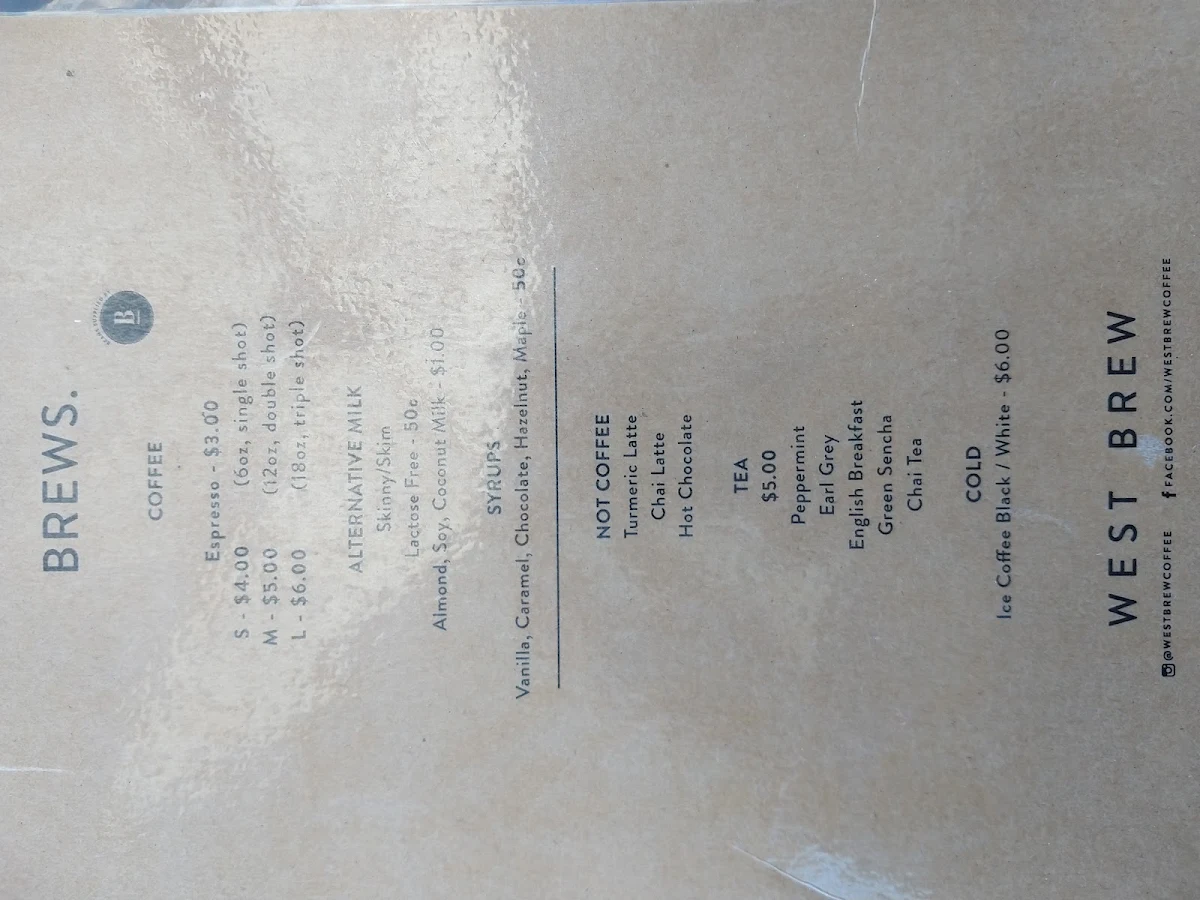 Menu, WestBrew Coffee