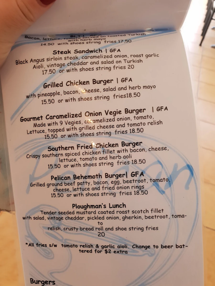 Menu, The Pelican Waterfront Cafe & Restaurant