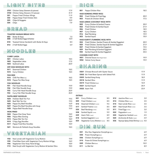 Menu, PappaRich Adelaide