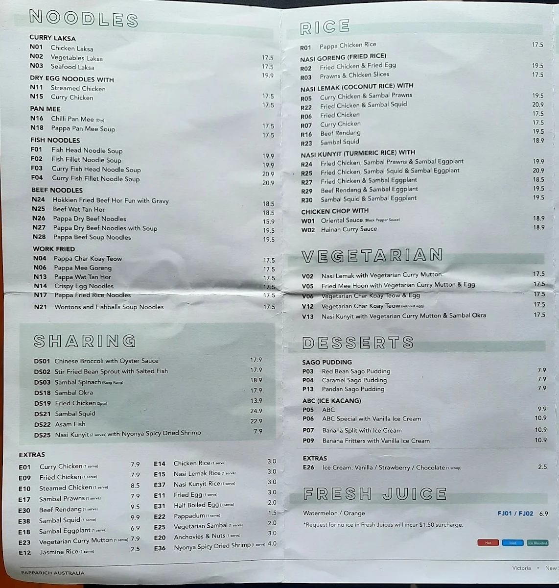 Menu, PappaRich Adelaide