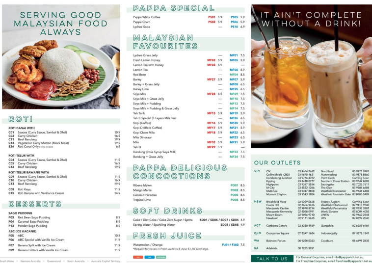Menu, PappaRich Adelaide
