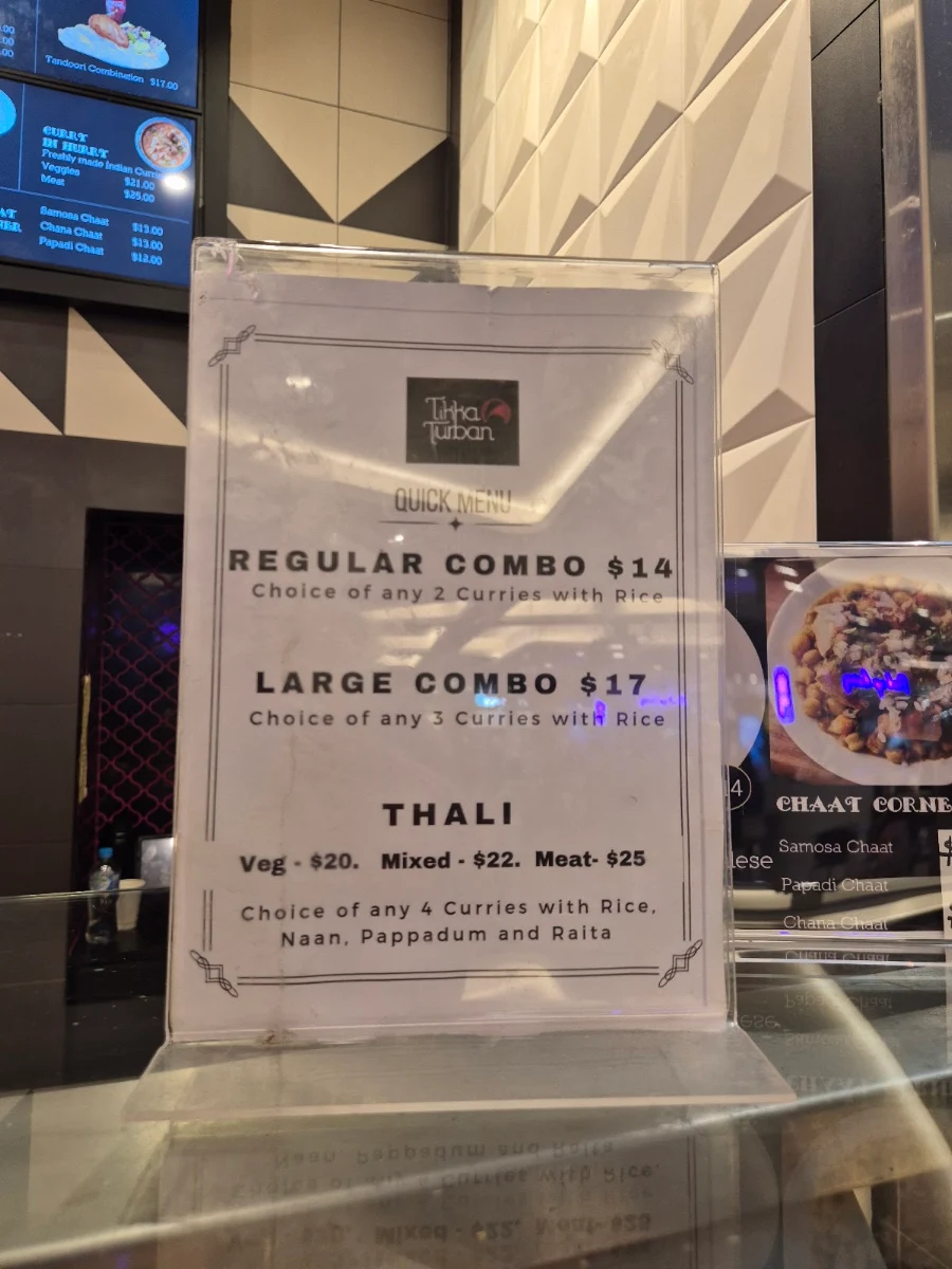 Menu, Tikka Turban Belmont