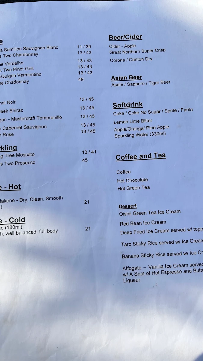 Menu, Oishii Japanese and Thai Restaurant