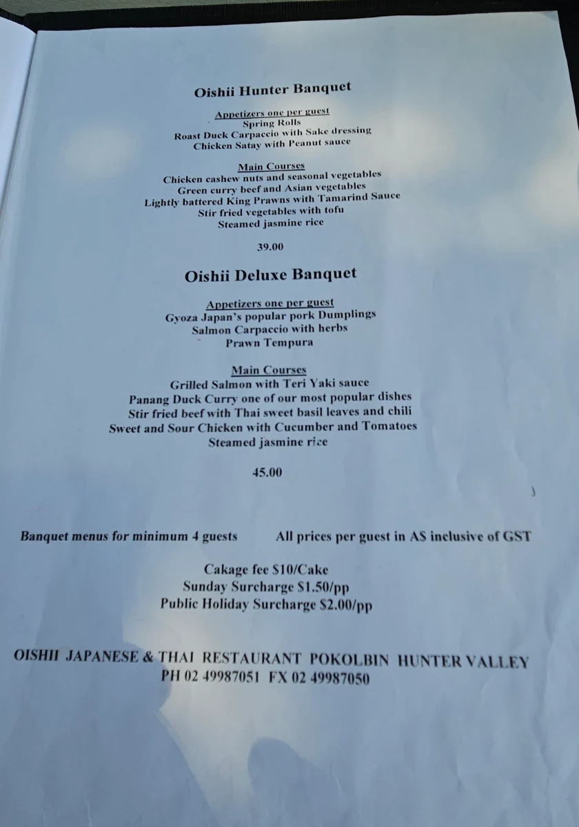 Menu, Oishii Japanese and Thai Restaurant