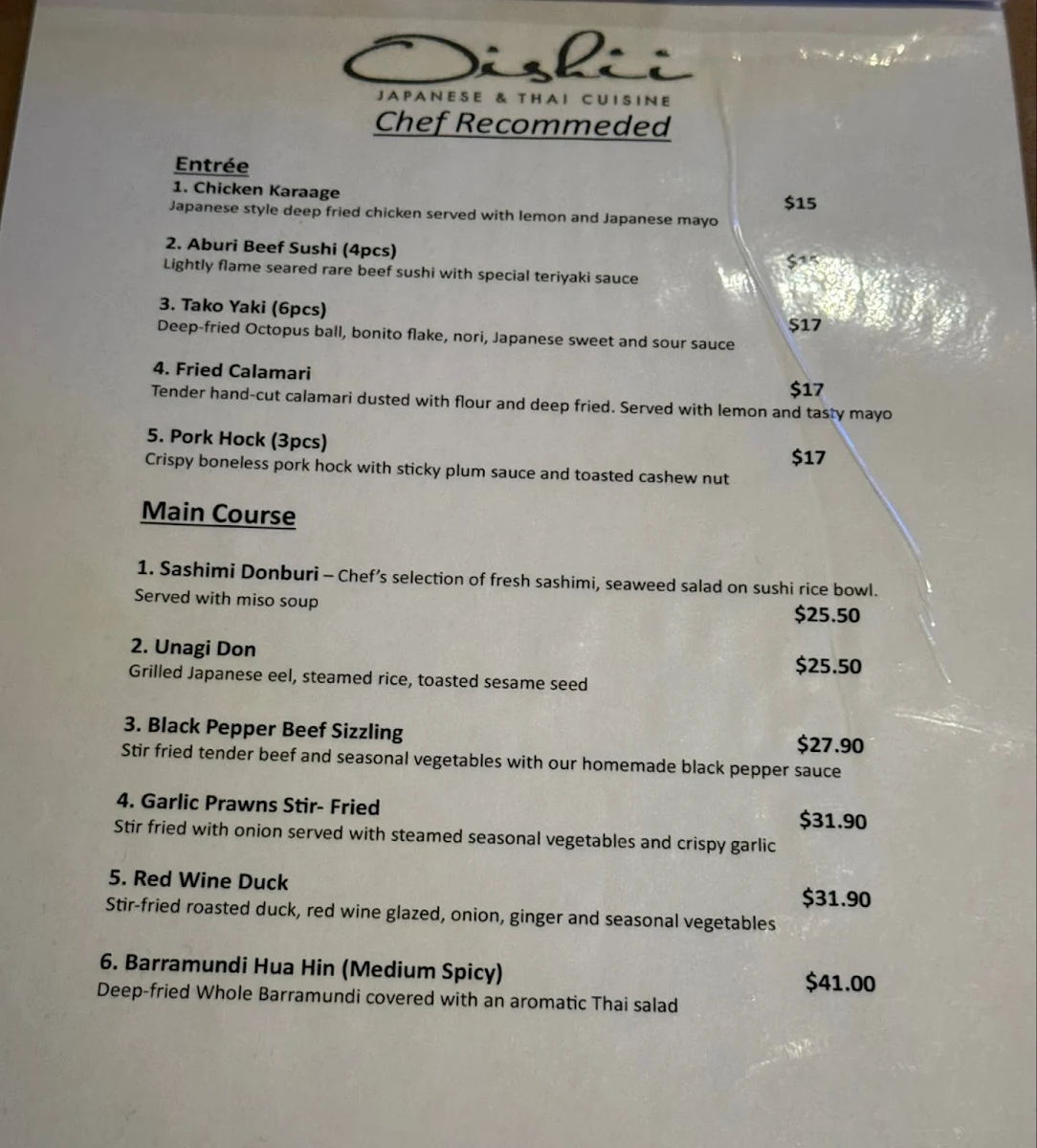 Menu, Oishii Japanese and Thai Restaurant