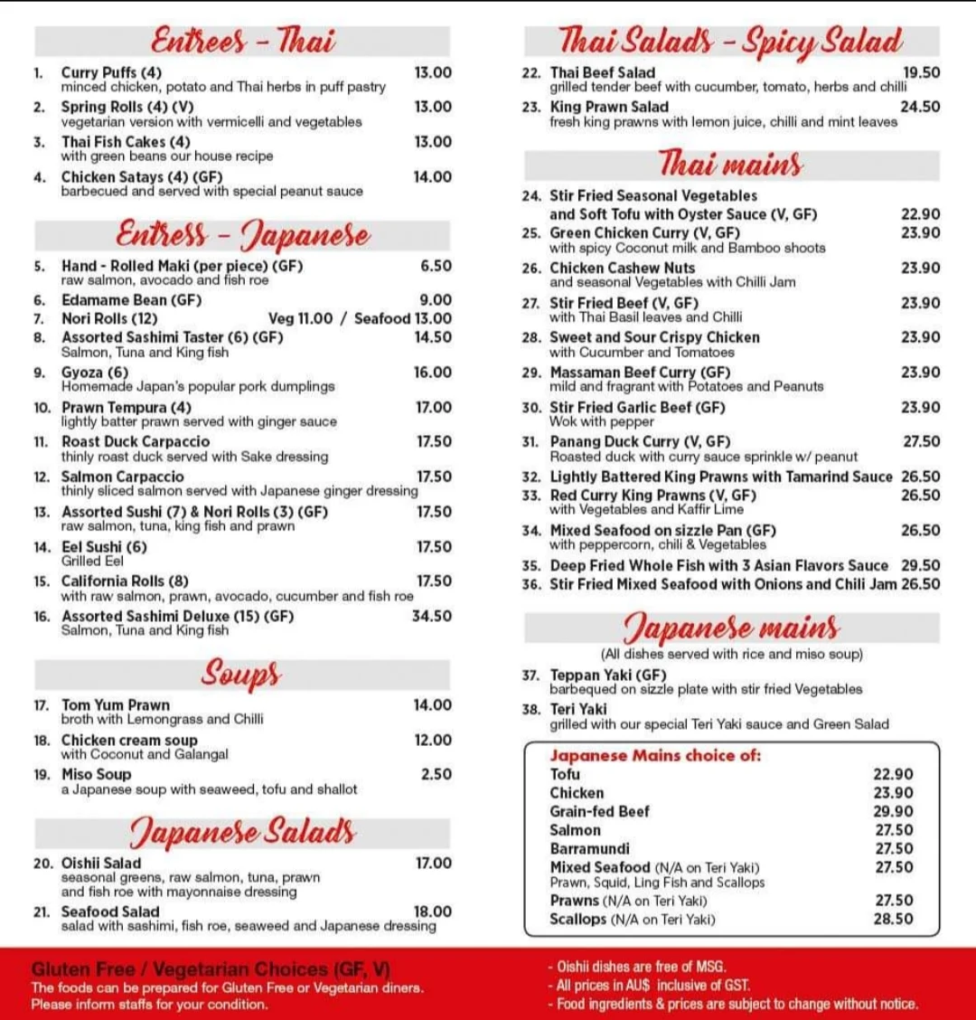Menu, Oishii Japanese and Thai Restaurant