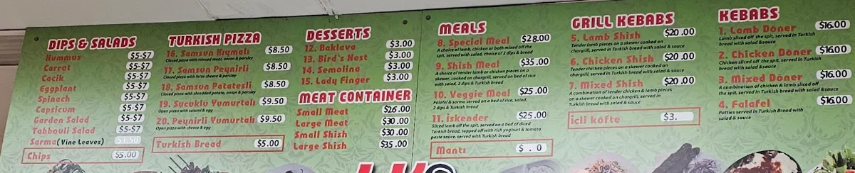 Menu, Horsham Kebab Station
