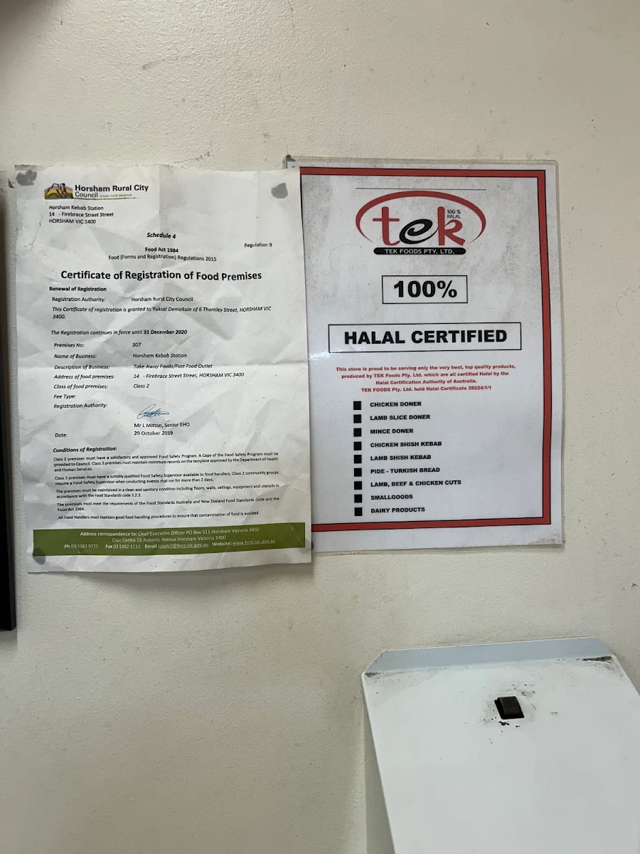 Menu, Horsham Kebab Station