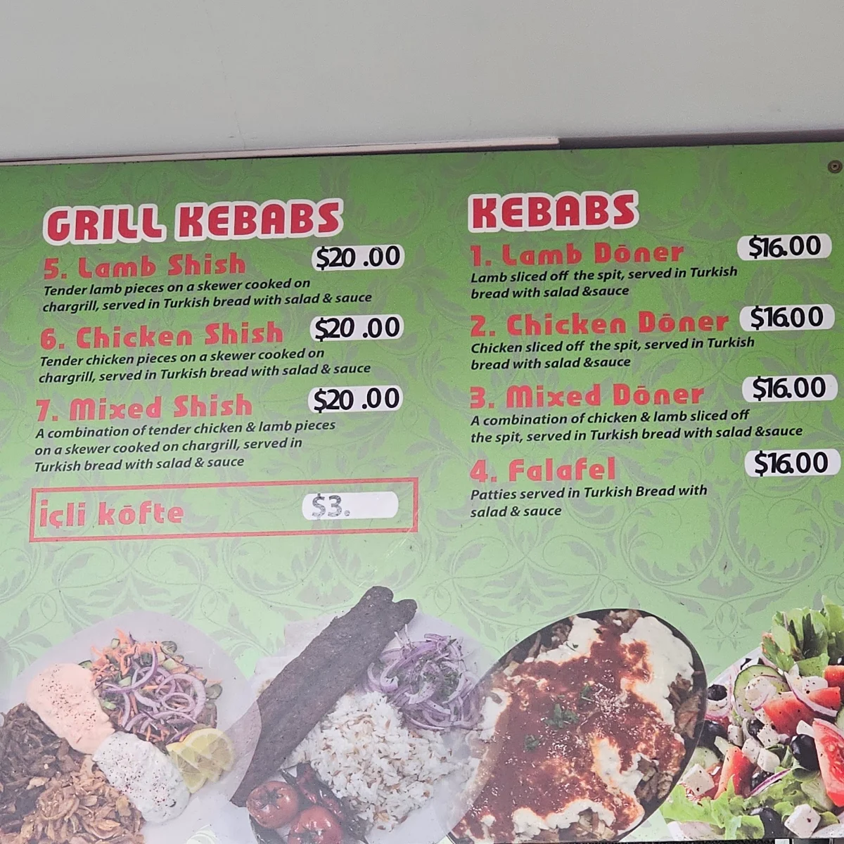 Menu, Horsham Kebab Station