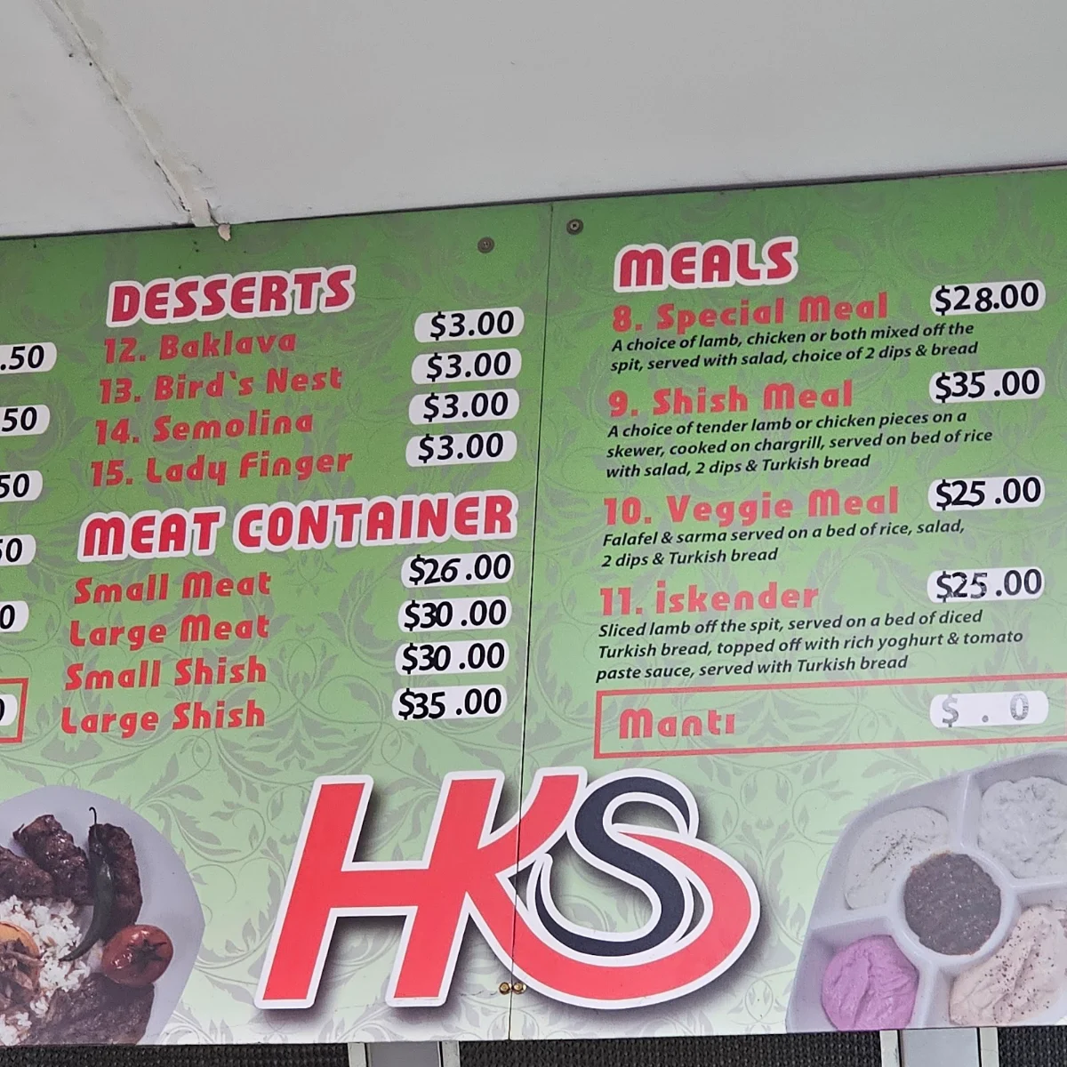 Menu, Horsham Kebab Station