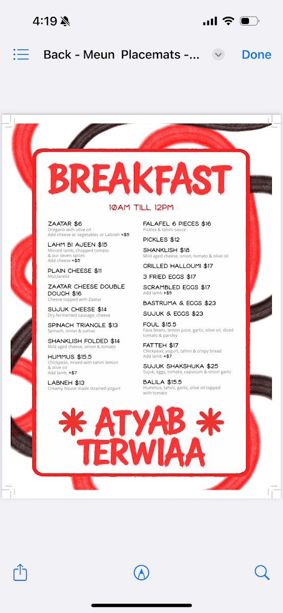 Menu, Beirut Street Food
