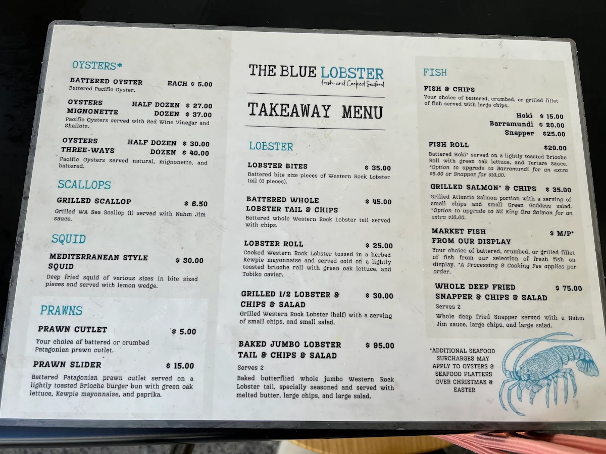 Menu, The Blue Lobster Fresh and Cooked Seafood
