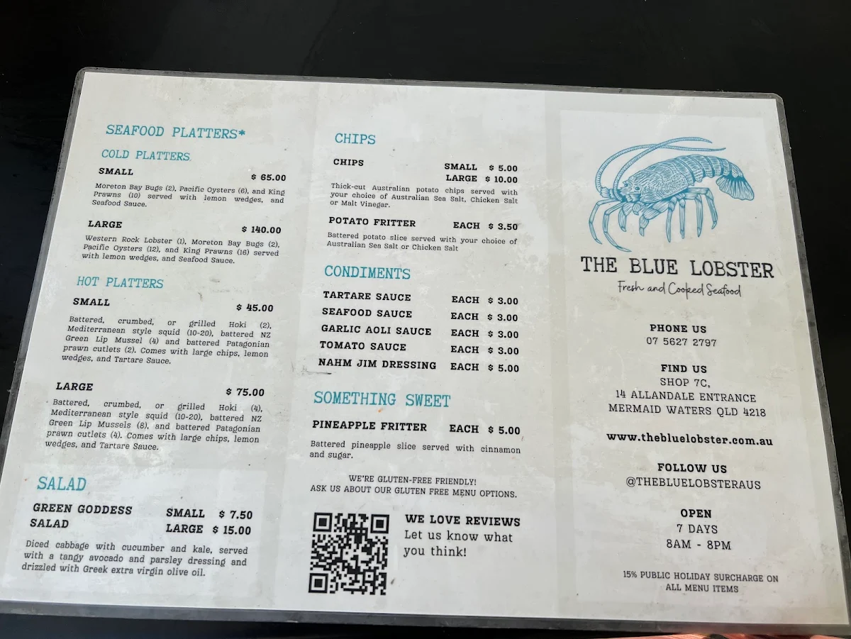 Menu, The Blue Lobster Fresh and Cooked Seafood