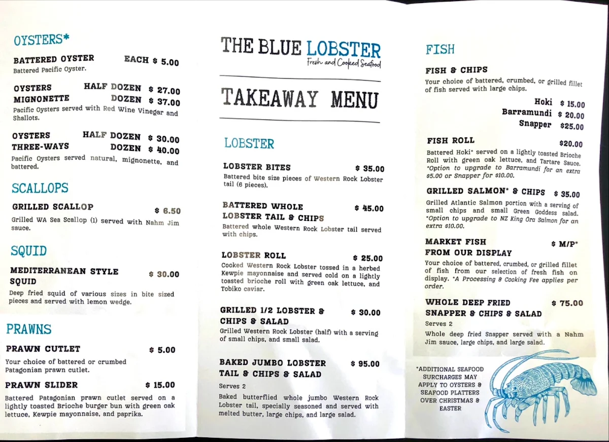 Menu, The Blue Lobster Fresh and Cooked Seafood