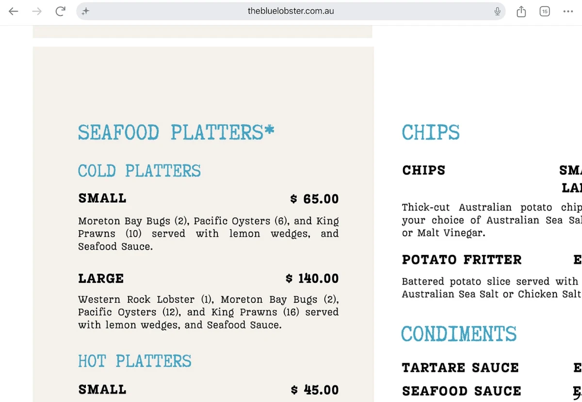 Menu, The Blue Lobster Fresh and Cooked Seafood