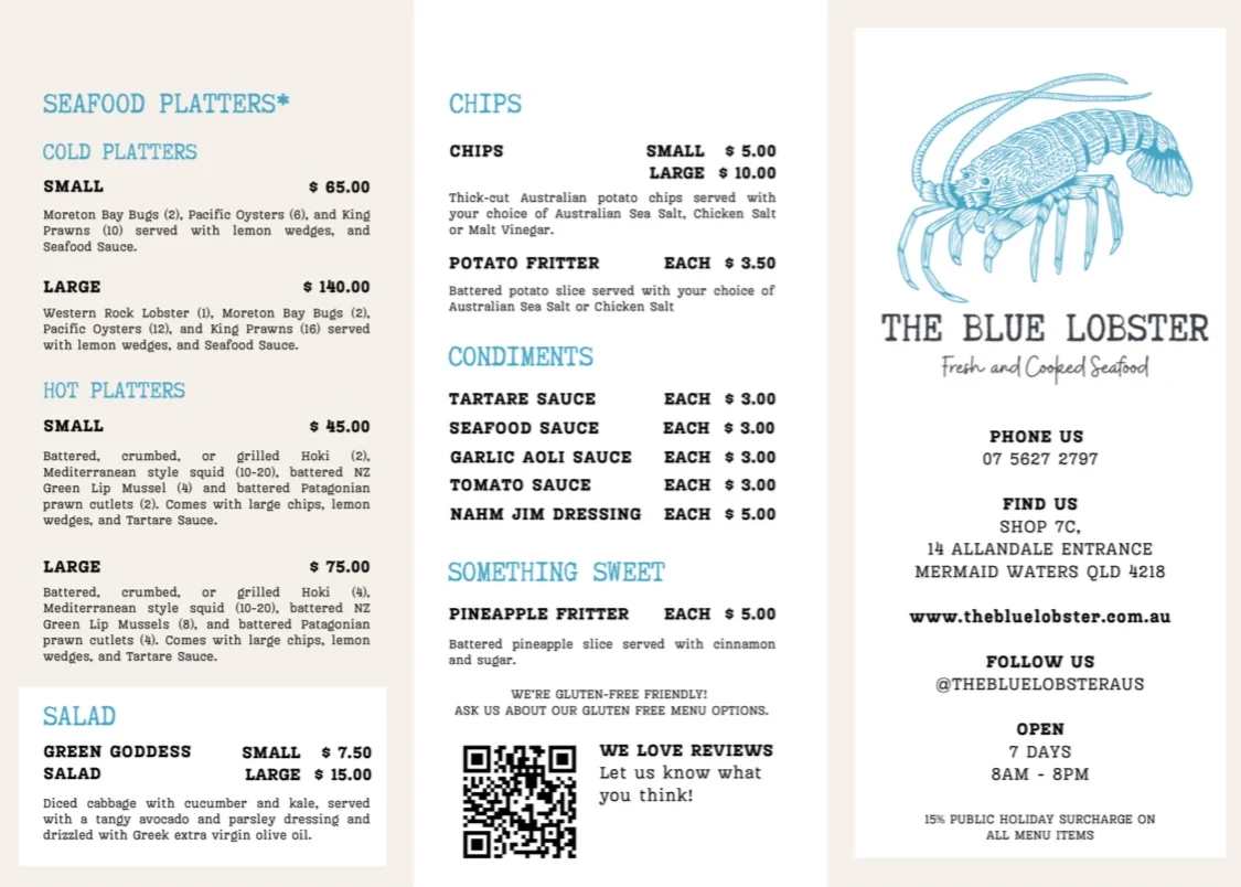 Menu, The Blue Lobster Fresh and Cooked Seafood