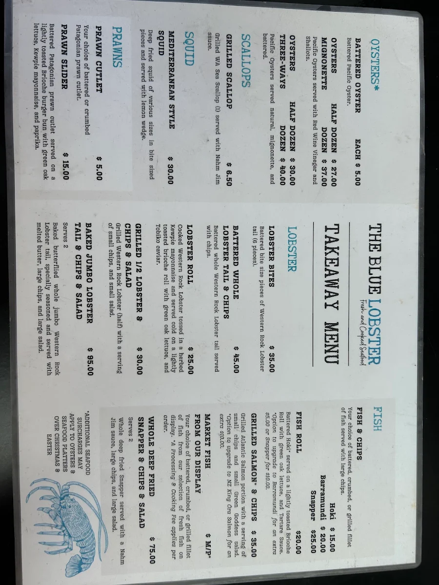 Menu, The Blue Lobster Fresh and Cooked Seafood