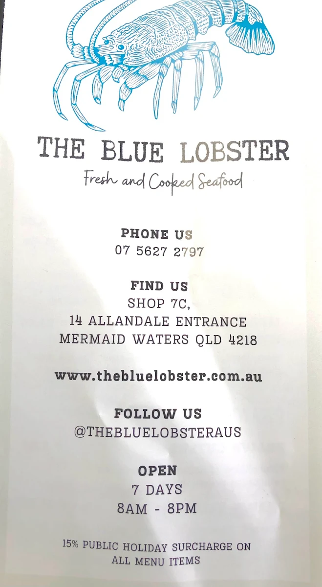 Menu, The Blue Lobster Fresh and Cooked Seafood