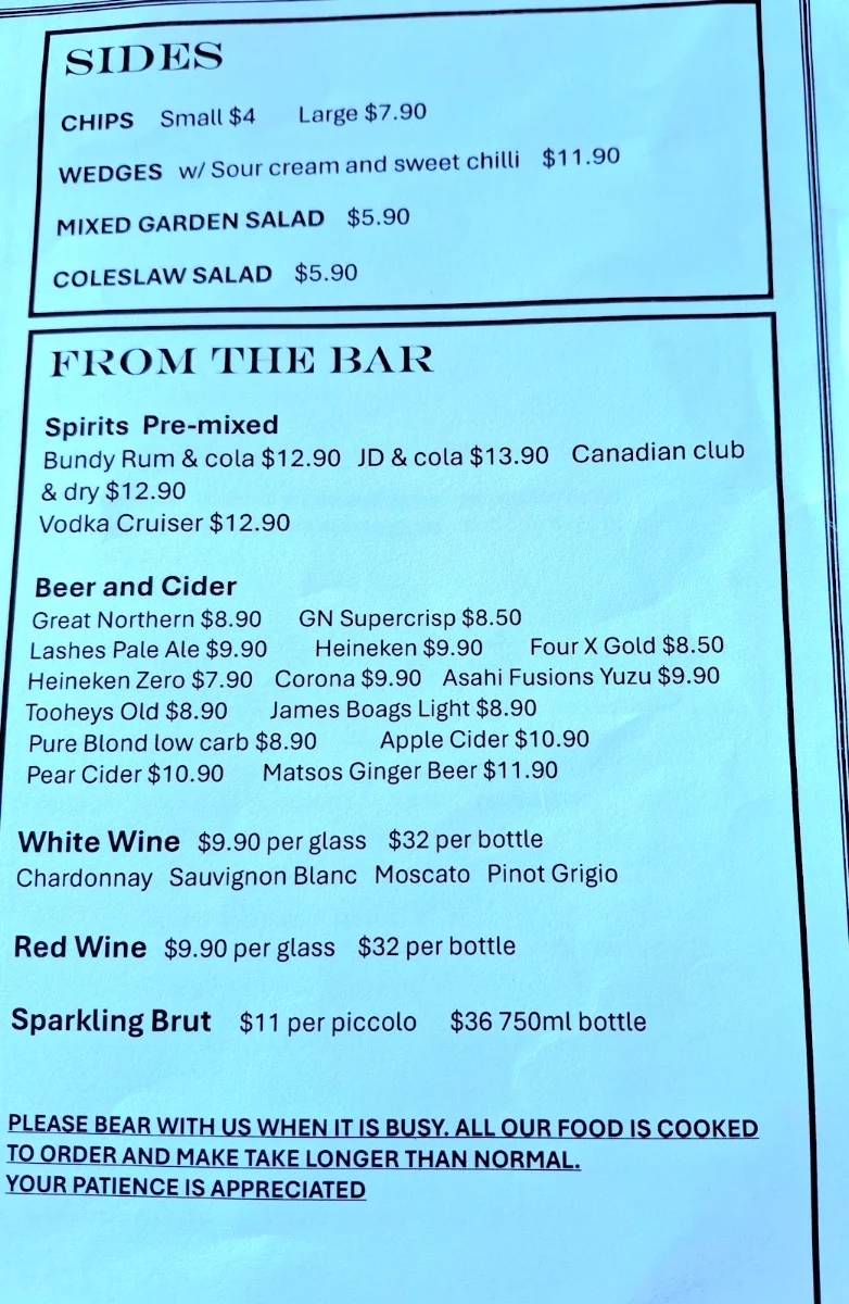 Menu, Pitstop Cafe