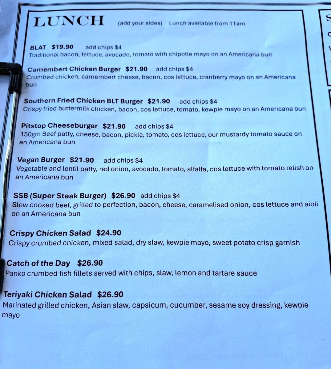 Menu, Pitstop Cafe