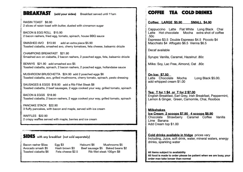 Menu, Pitstop Cafe