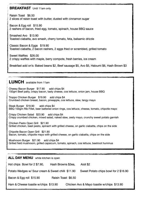 Menu, Pitstop Cafe