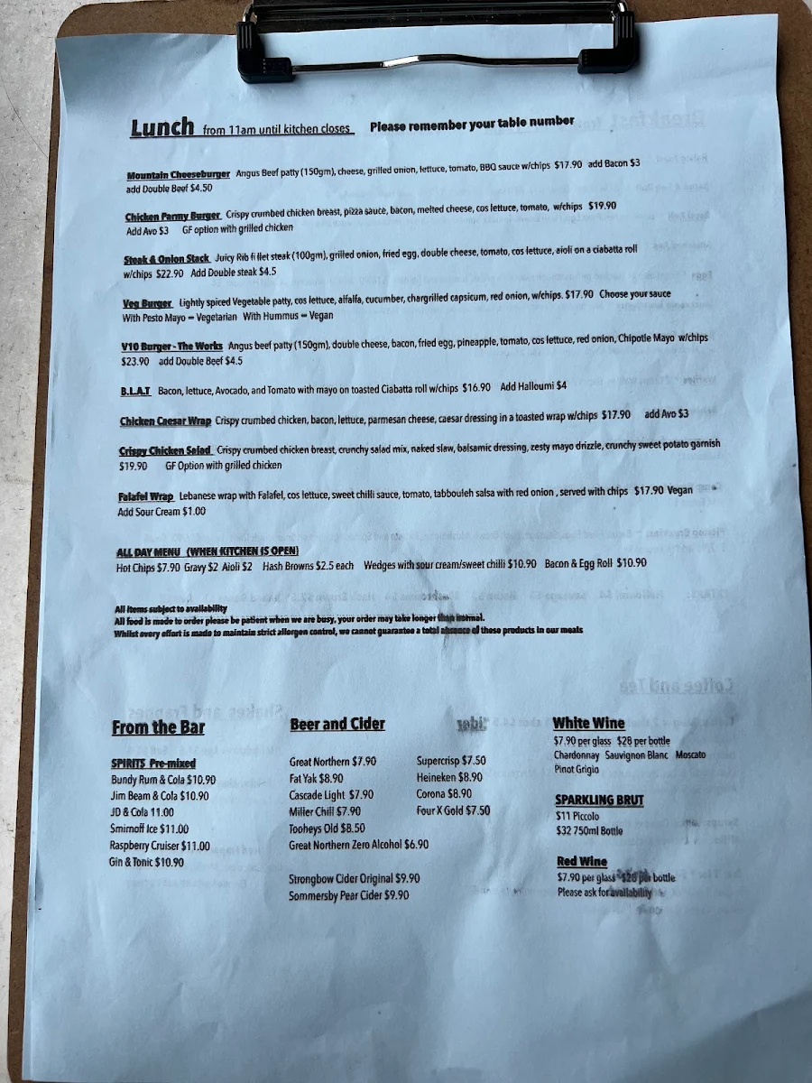 Menu, Pitstop Cafe