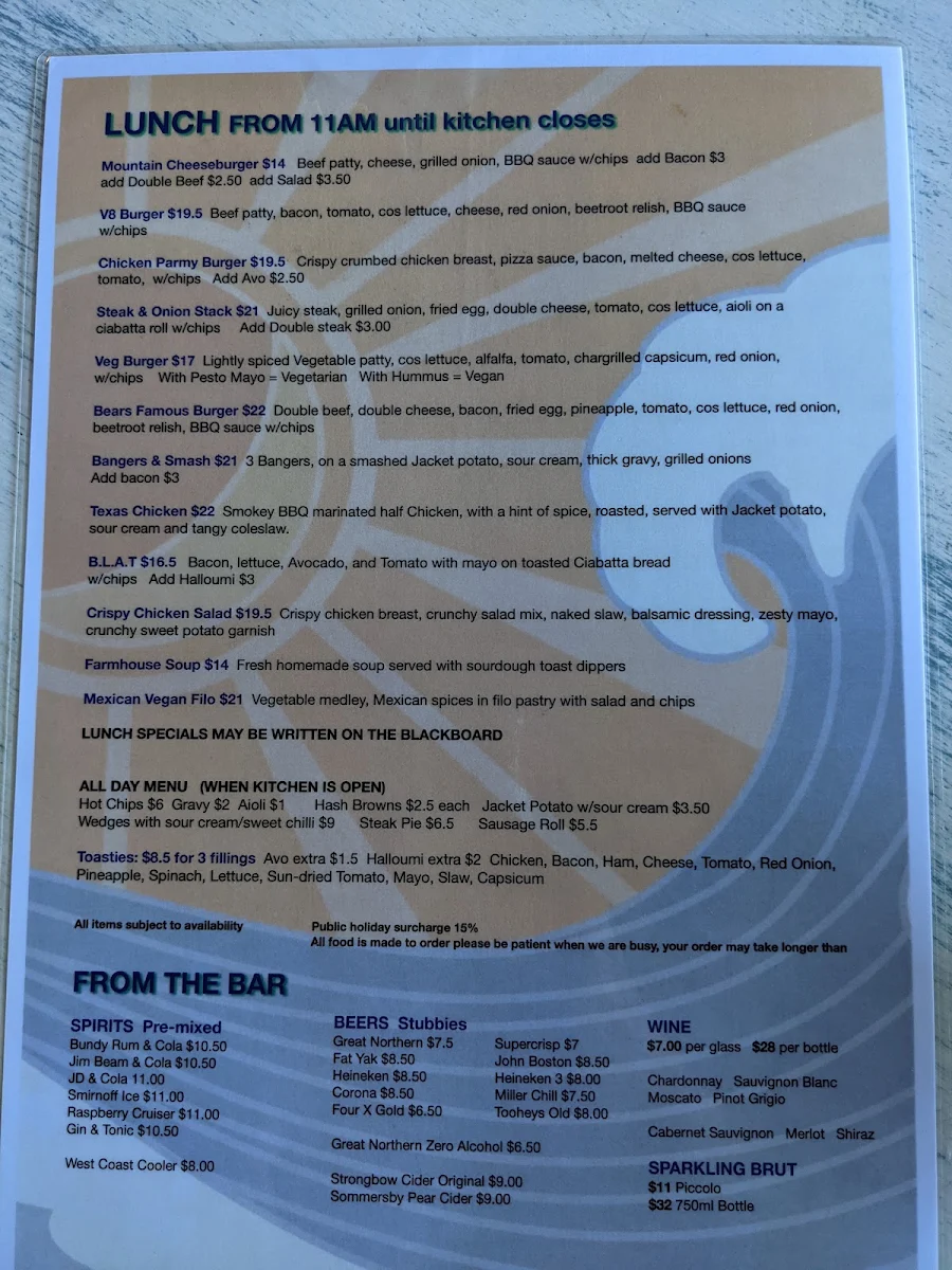 Menu, Pitstop Cafe