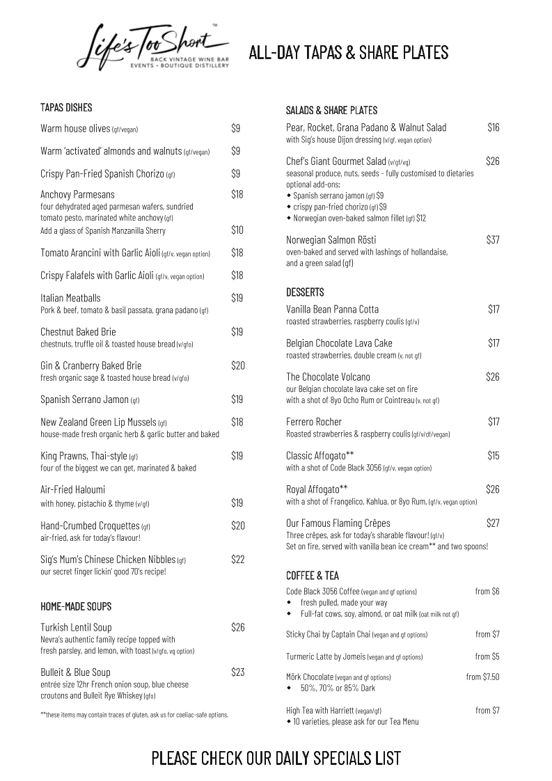 Menu, Life's Too Short Bar