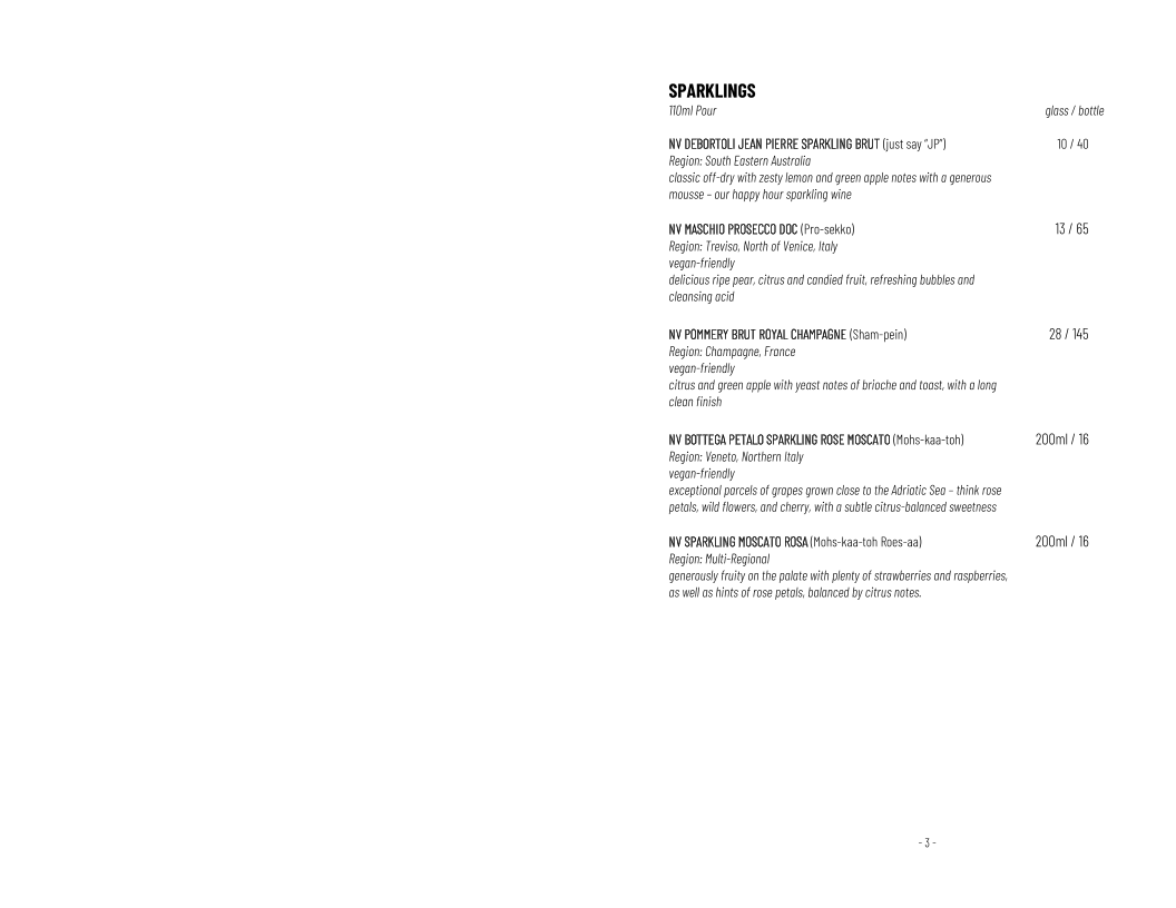 Menu, Life's Too Short Bar