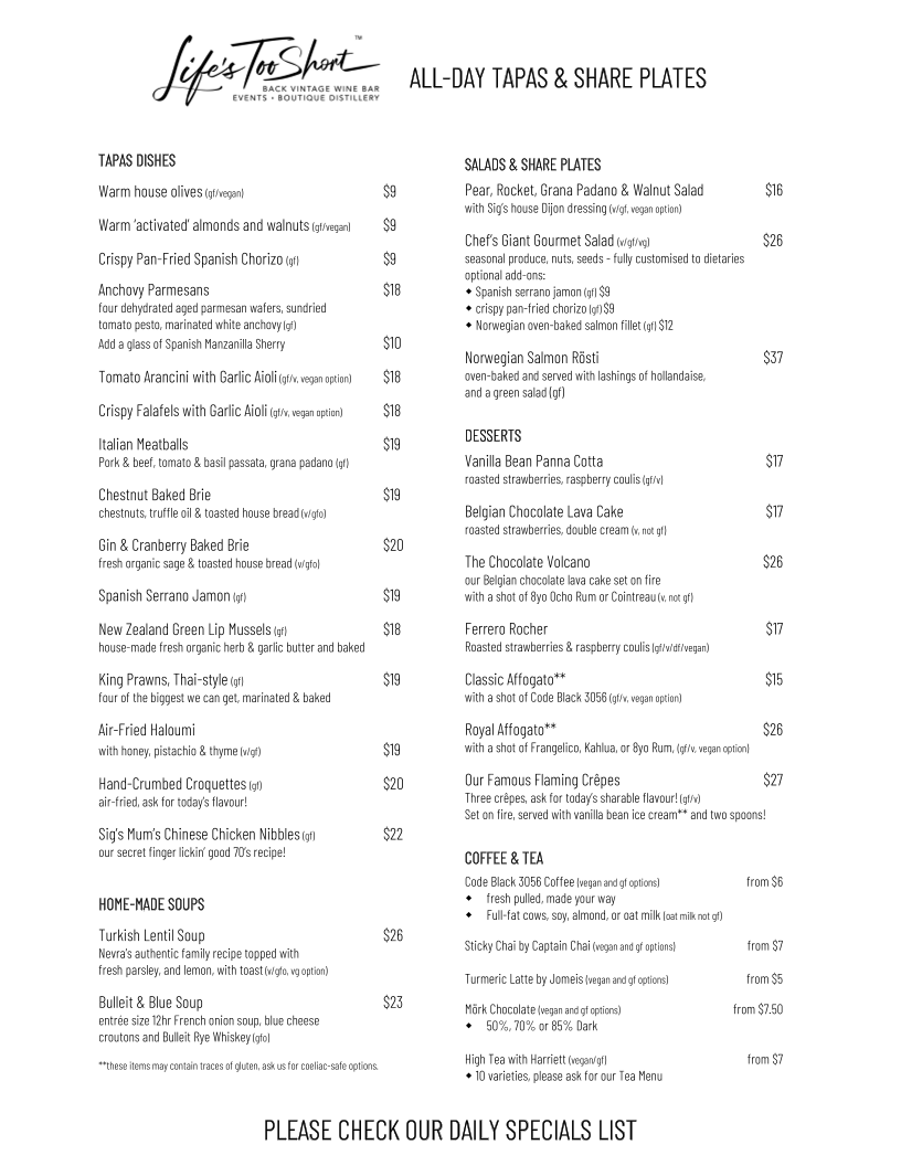 Menu, Life's Too Short Bar