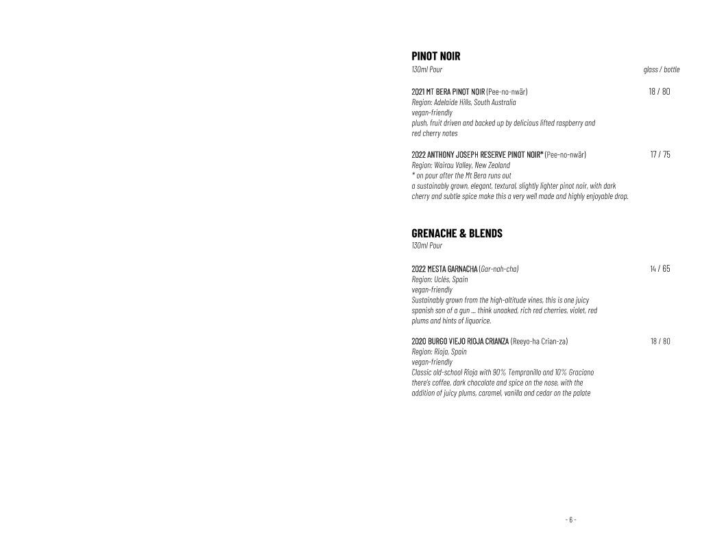 Menu, Life's Too Short Bar