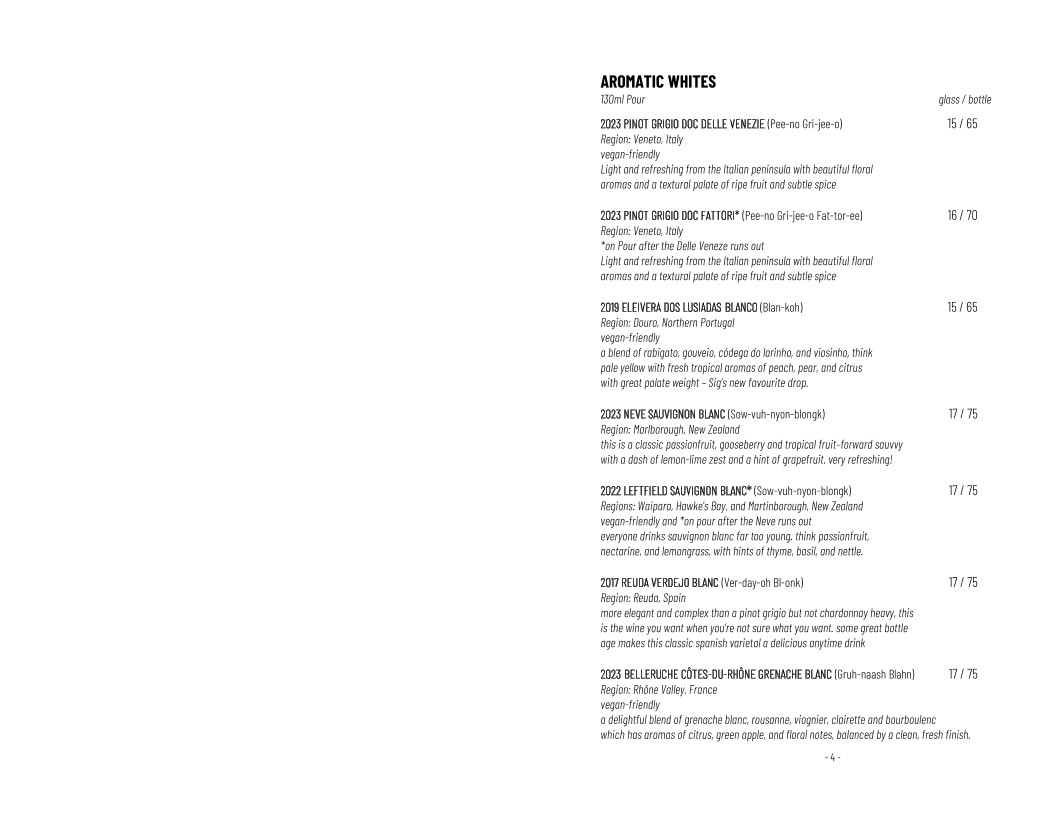 Menu, Life's Too Short Bar