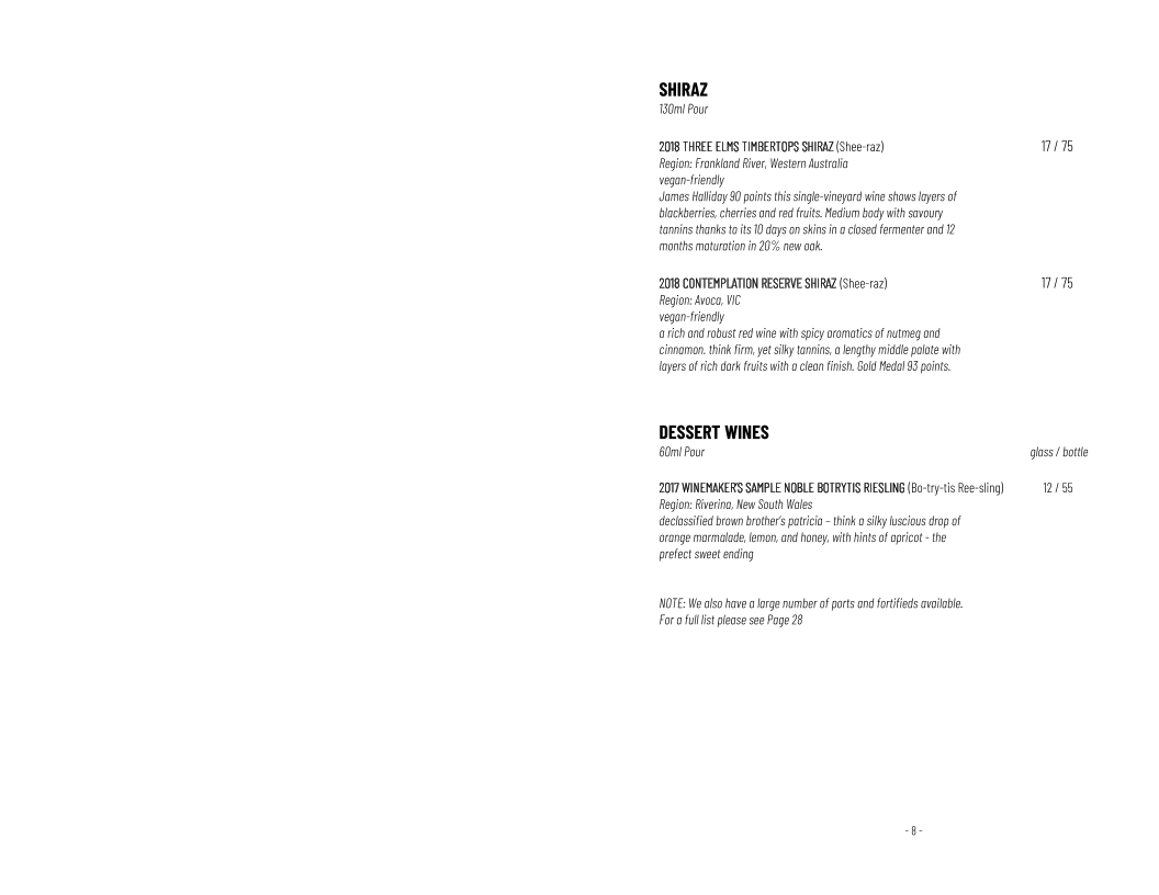 Menu, Life's Too Short Bar
