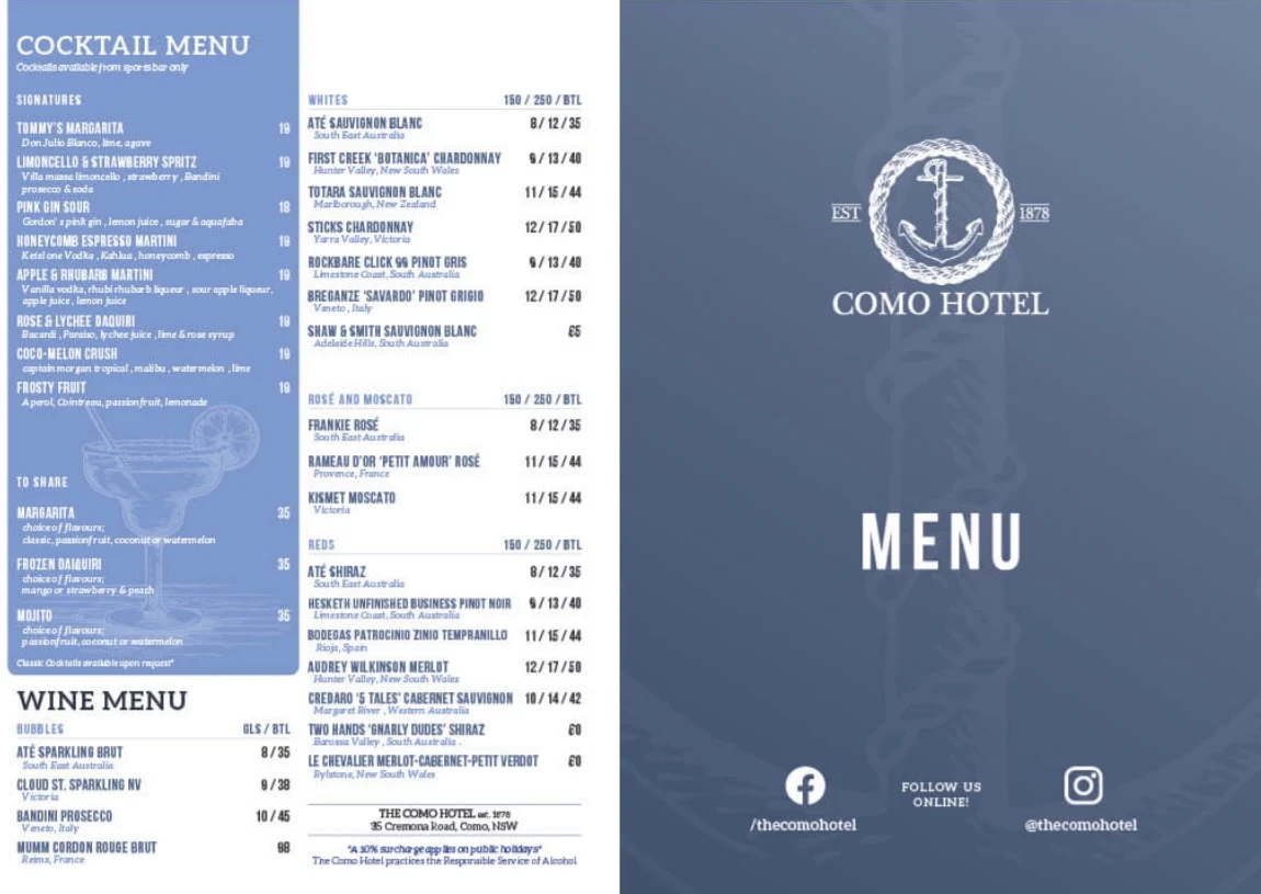 Menu, The Como Hotel