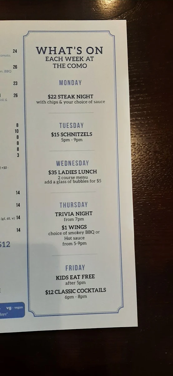 Menu, The Como Hotel