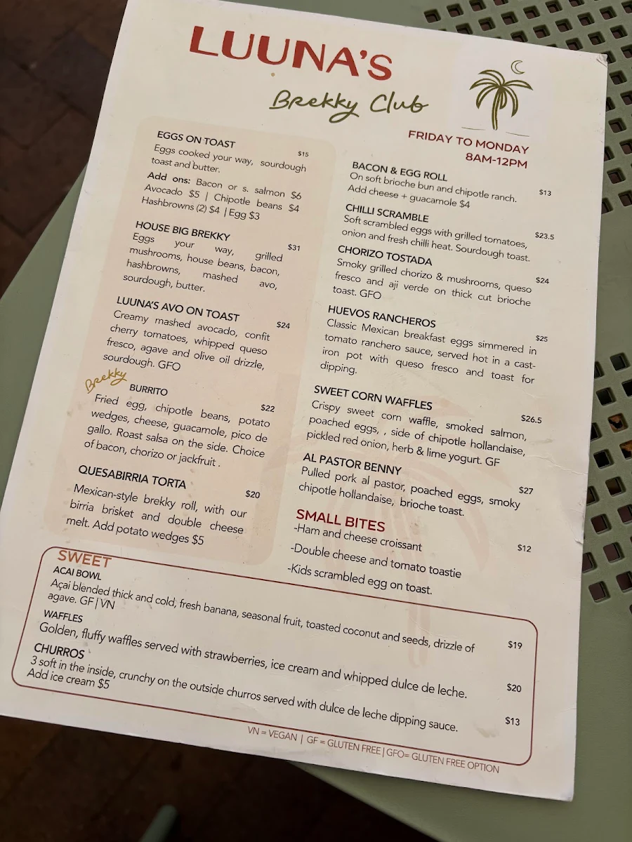 Menu, Luuna Mexican Cantina