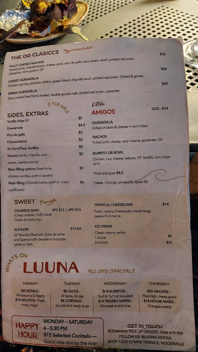 Menu, Luuna Mexican Cantina