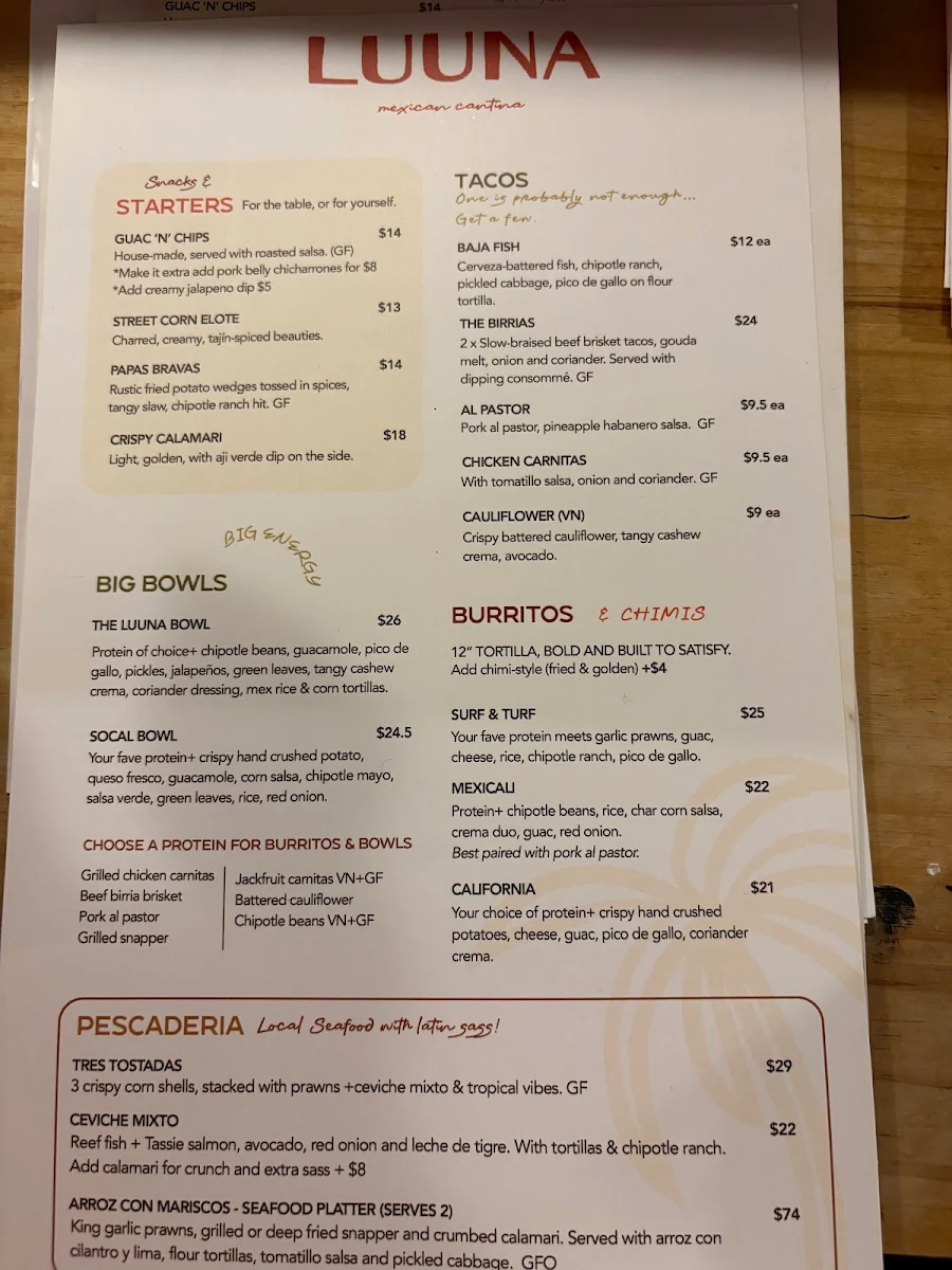 Menu, Luuna Mexican Cantina
