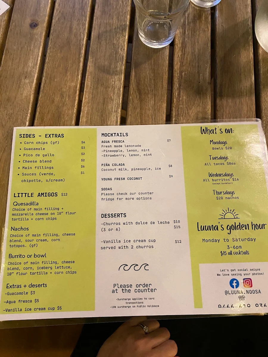 Menu, Luuna Mexican Cantina
